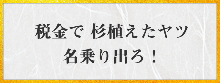 税金で 杉植えたヤツ 名乗り出ろ！